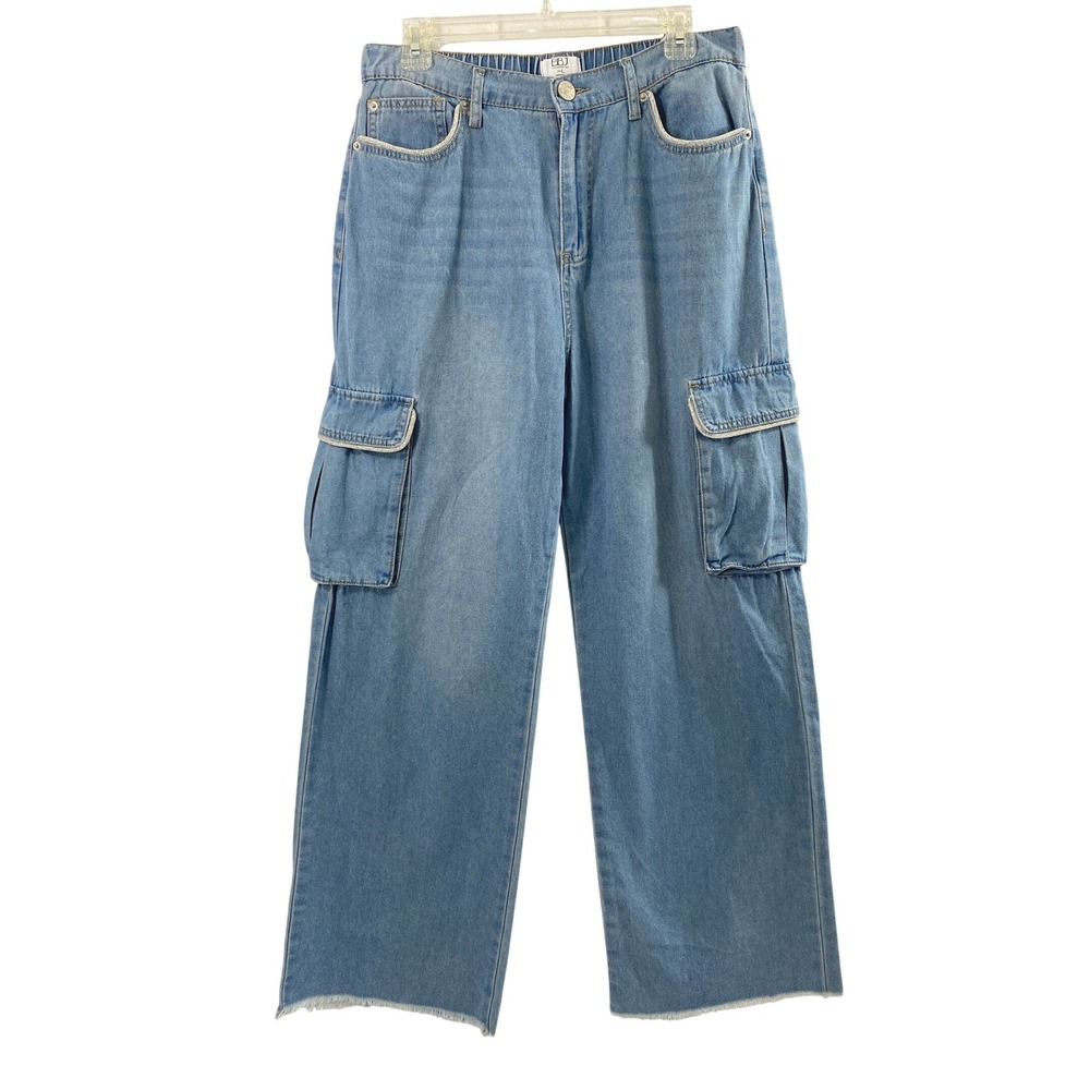BBJ Jeans Women Large Blue Cargo Wide Leg Raw Hem Metallic Trim Y2K Streetwear